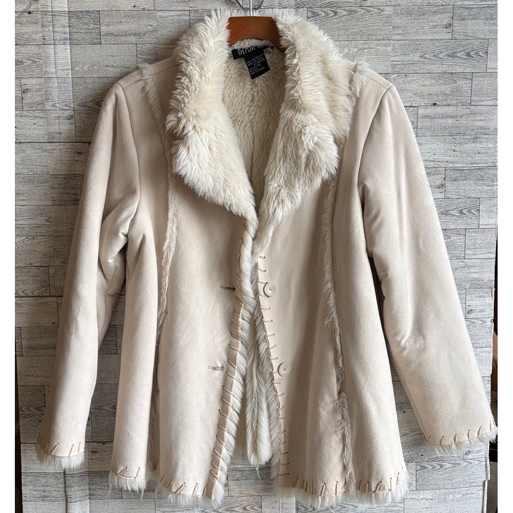 Cream Fur Coat Faux leather shearling jacket Women's Large Y2k Vintage